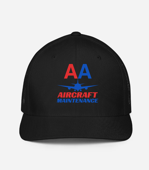 AMERICAN AIRLINES APPAREL -Closedback Trucker Cap (Flexfit 6511)   - Aircraft Maintenance  -   Black Hat