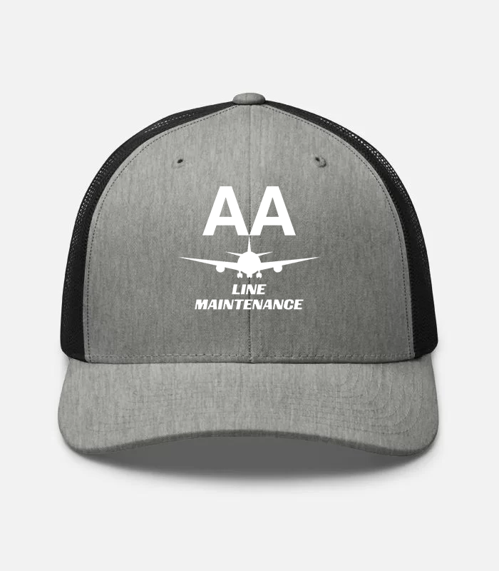 AMERICAN AIRLINES APPAREL - Retro Trucker Hat  Yupoong 6606 - Line Maintenance  -   Heather- Black Hat White Font