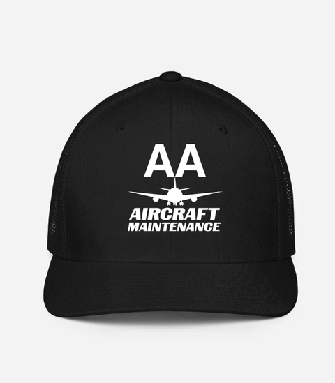 AMERICAN AIRLINES APPAREL -Closedback Trucker Cap (Flexfit 6511)   - Aircraft Maintenance  -   Black Hat